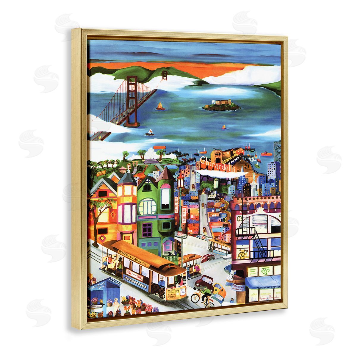 Linnea Pergola Bustling Seaside Town Gold Floating Frame Canvas Wall Art Print