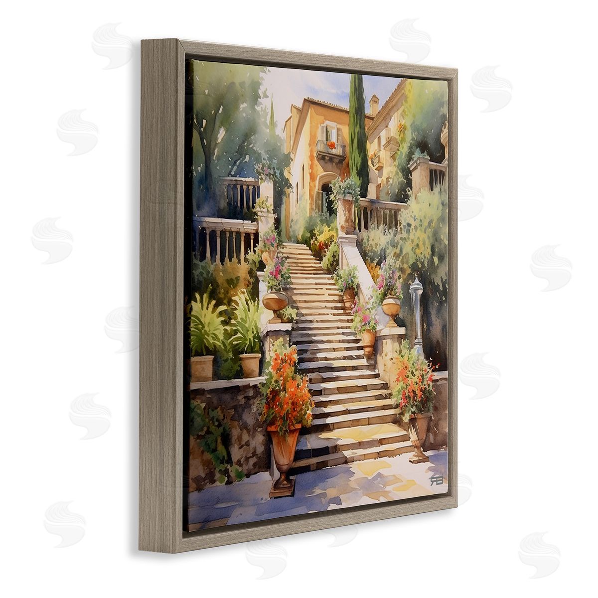 RB Stairs to European Villa Brown Floating Frame Canvas Wall Art Print