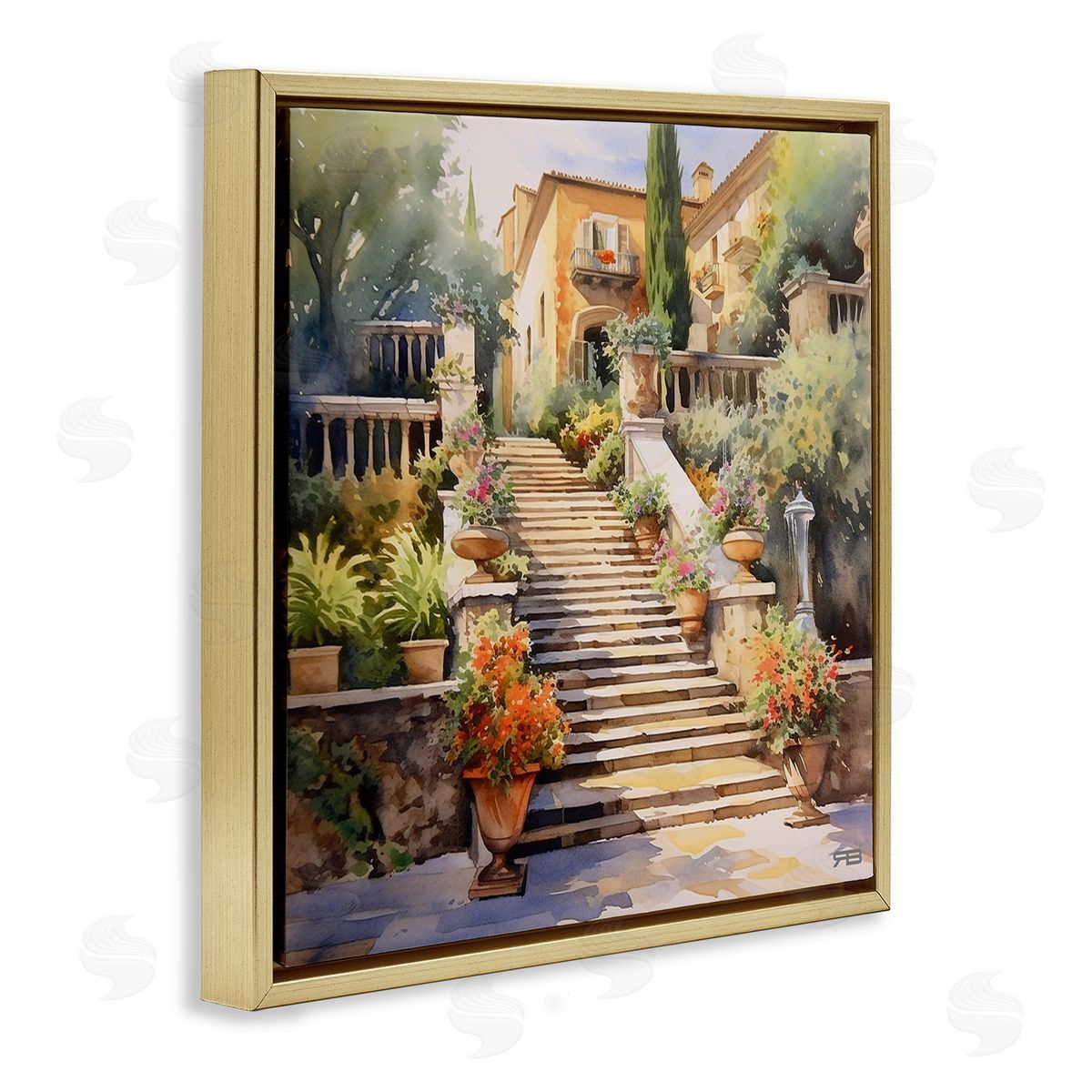 RB Stairs to European Villa Gold Floating Frame Canvas Wall Art Print