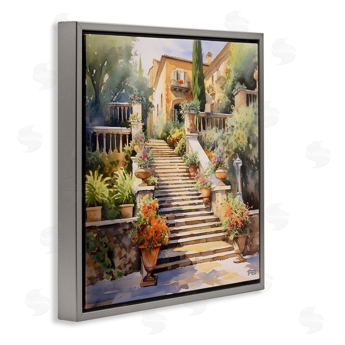 RB Stairs to European Villa Gray Floating Frame Canvas Wall Art Print