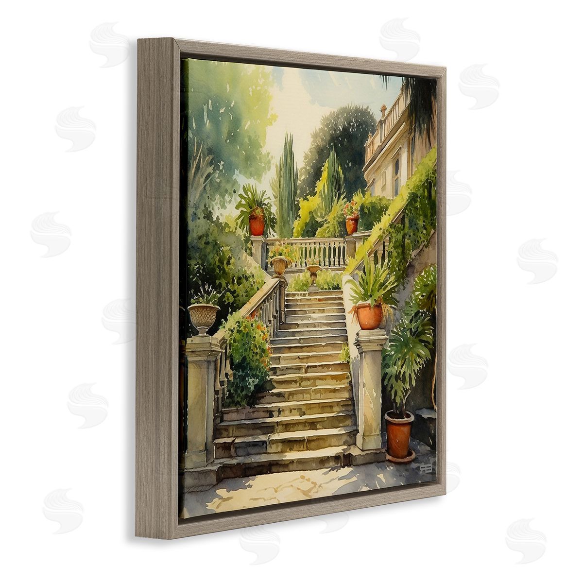 RB Luxurious Villa Stairway Brown Floating Frame Canvas Wall Art Print