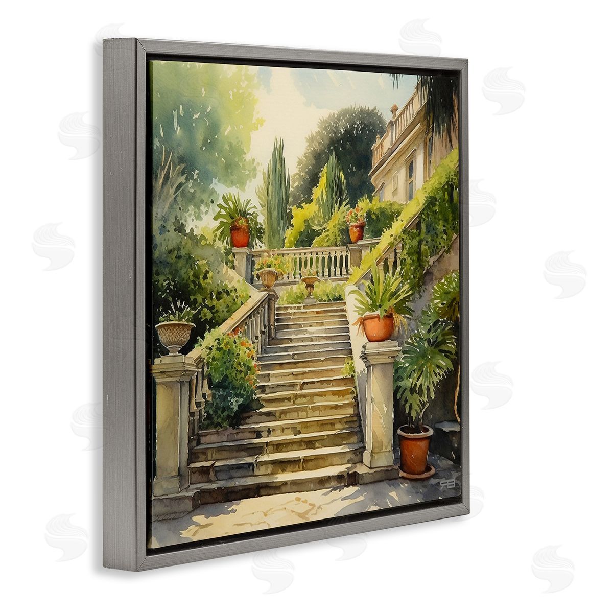 RB Luxurious Villa Stairway Gray Floating Frame Canvas Wall Art Print