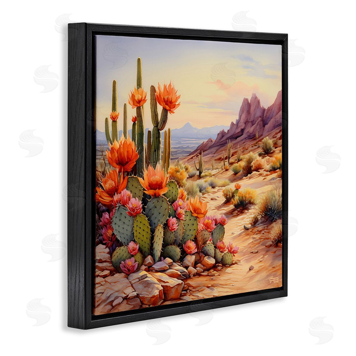 RB Cactus Flower Landscape Black Floating Frame Canvas Wall Art Print