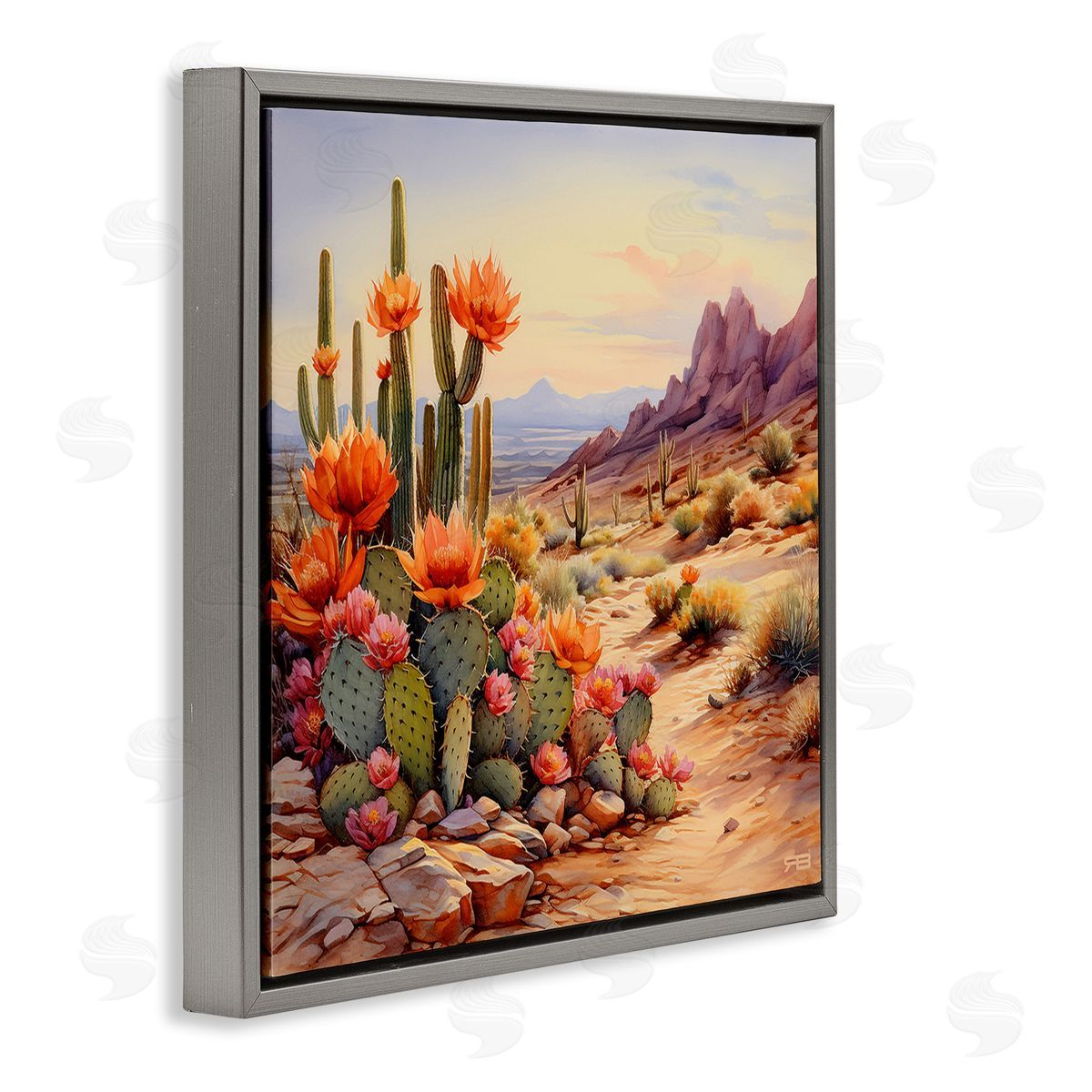 RB Cactus Flower Landscape Gray Floating Frame Canvas Wall Art Print