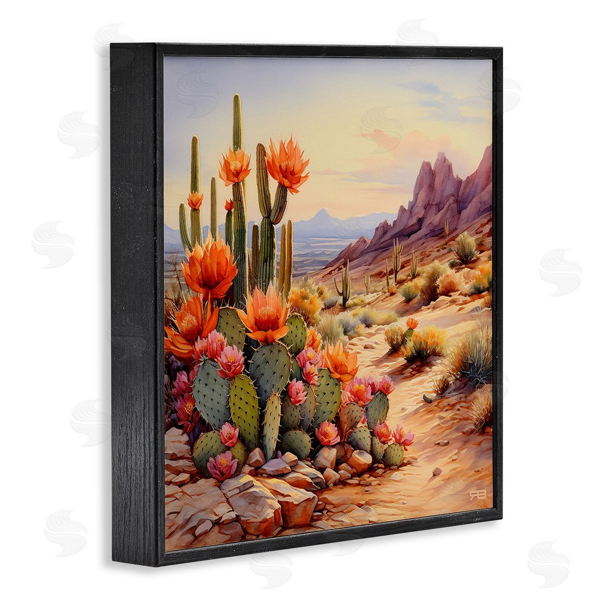 RB Cactus Flower Landscape Black Framed Giclee Wall Art Print