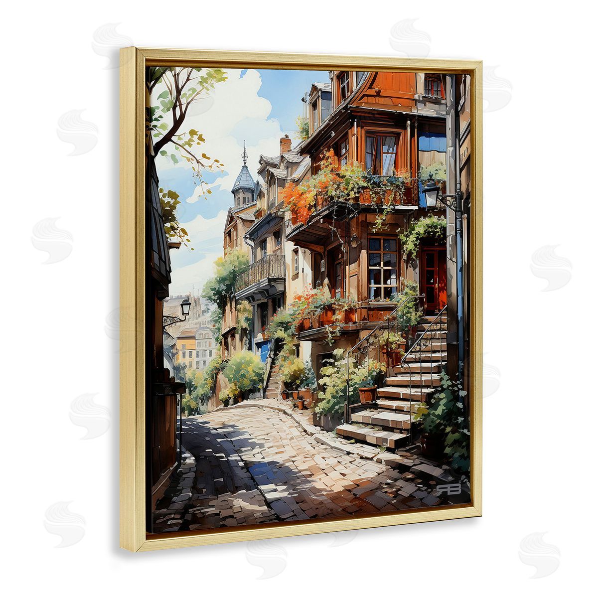 RB Cobblestone Walkway in Town Gold Floating Frame Canvas Wall Art Print
