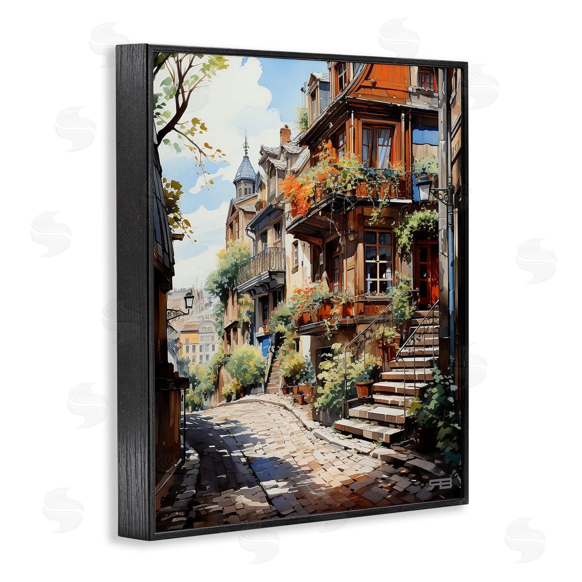 RB Cobblestone Walkway in Town Black Framed Giclee Wall Art Print