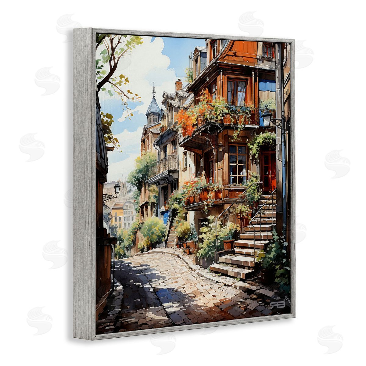 RB Cobblestone Walkway in Town Gray Framed Giclee Wall Art Print