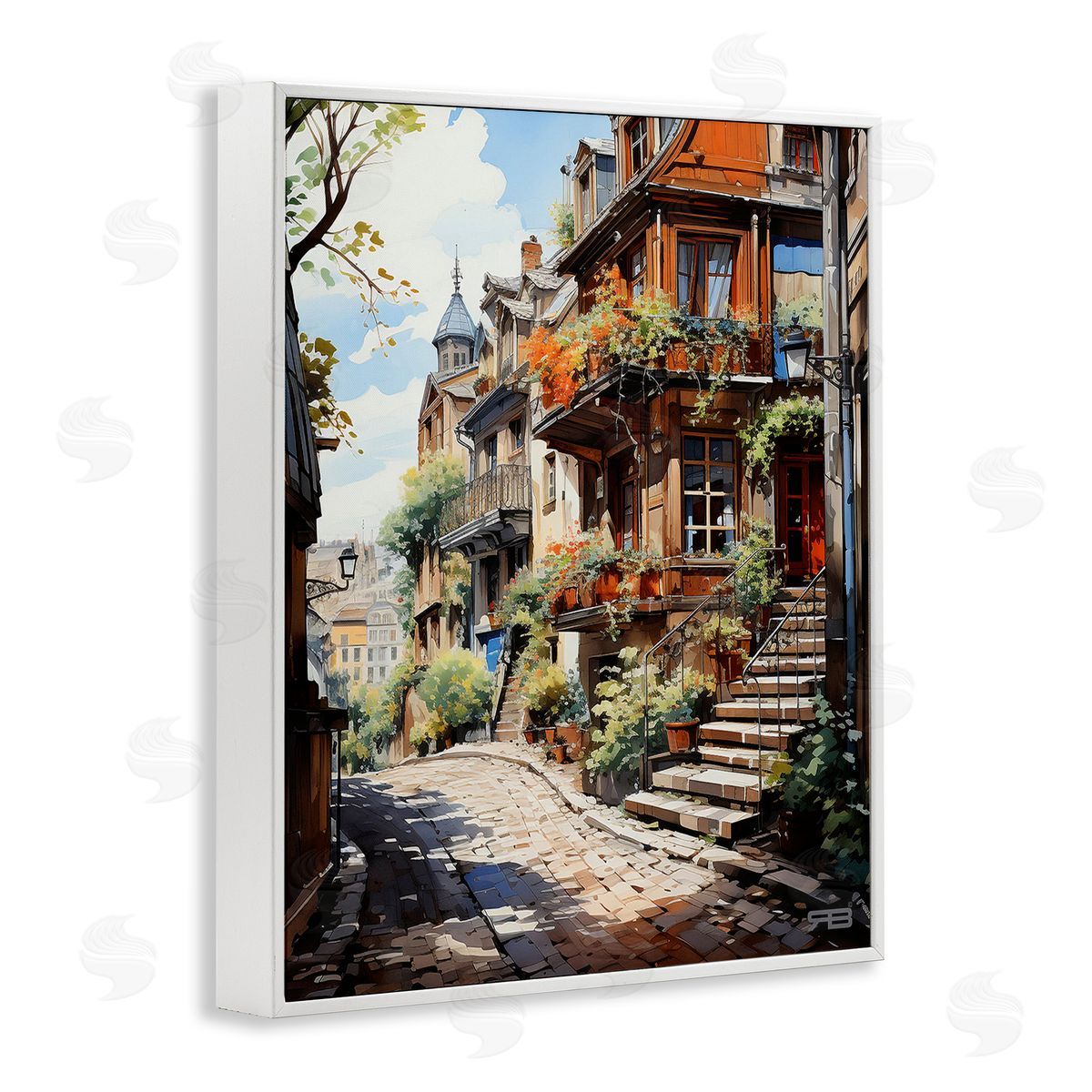 RB Cobblestone Walkway in Town White Framed Giclee Wall Art Print
