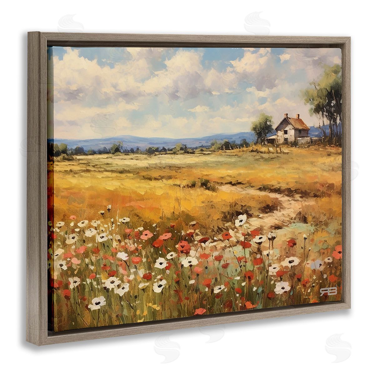 RB Countryside Poppy Meadow Brown Floating Frame Canvas Wall Art Print