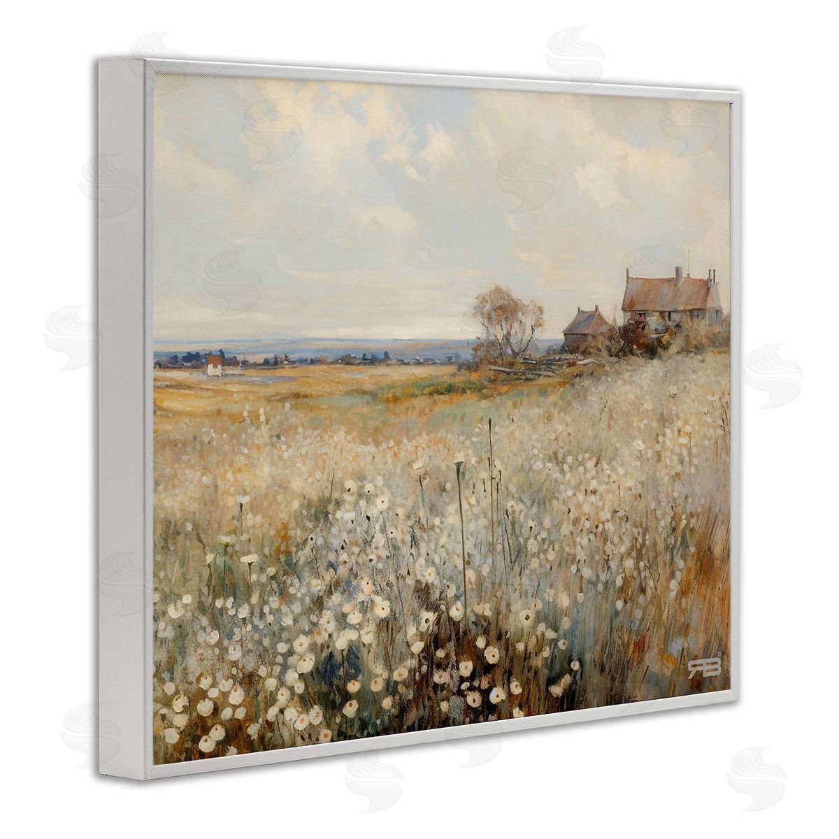 RB Neutral Farmland Meadow White Framed Giclee Wall Art Print