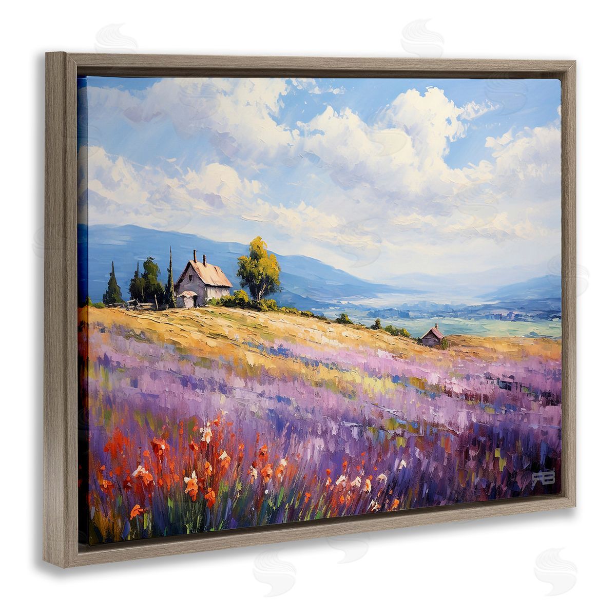 RB Cottage Meadow View Brown Floating Frame Canvas Wall Art Print