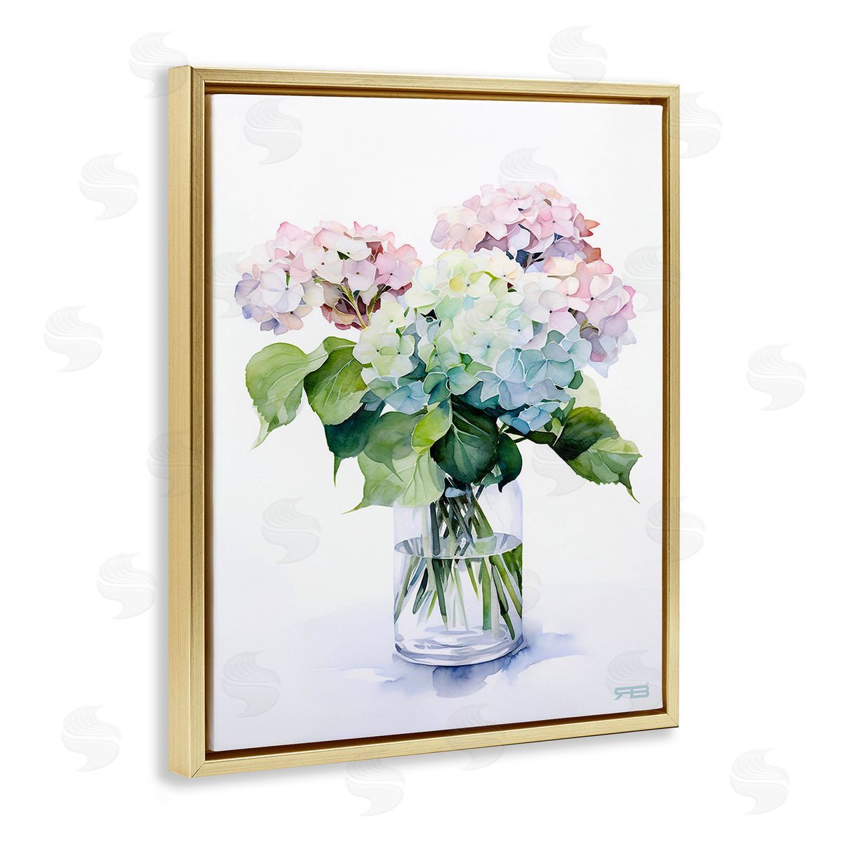 RB Ombre Hydrangea Bouquet Gold Floating Frame Canvas Wall Art Print