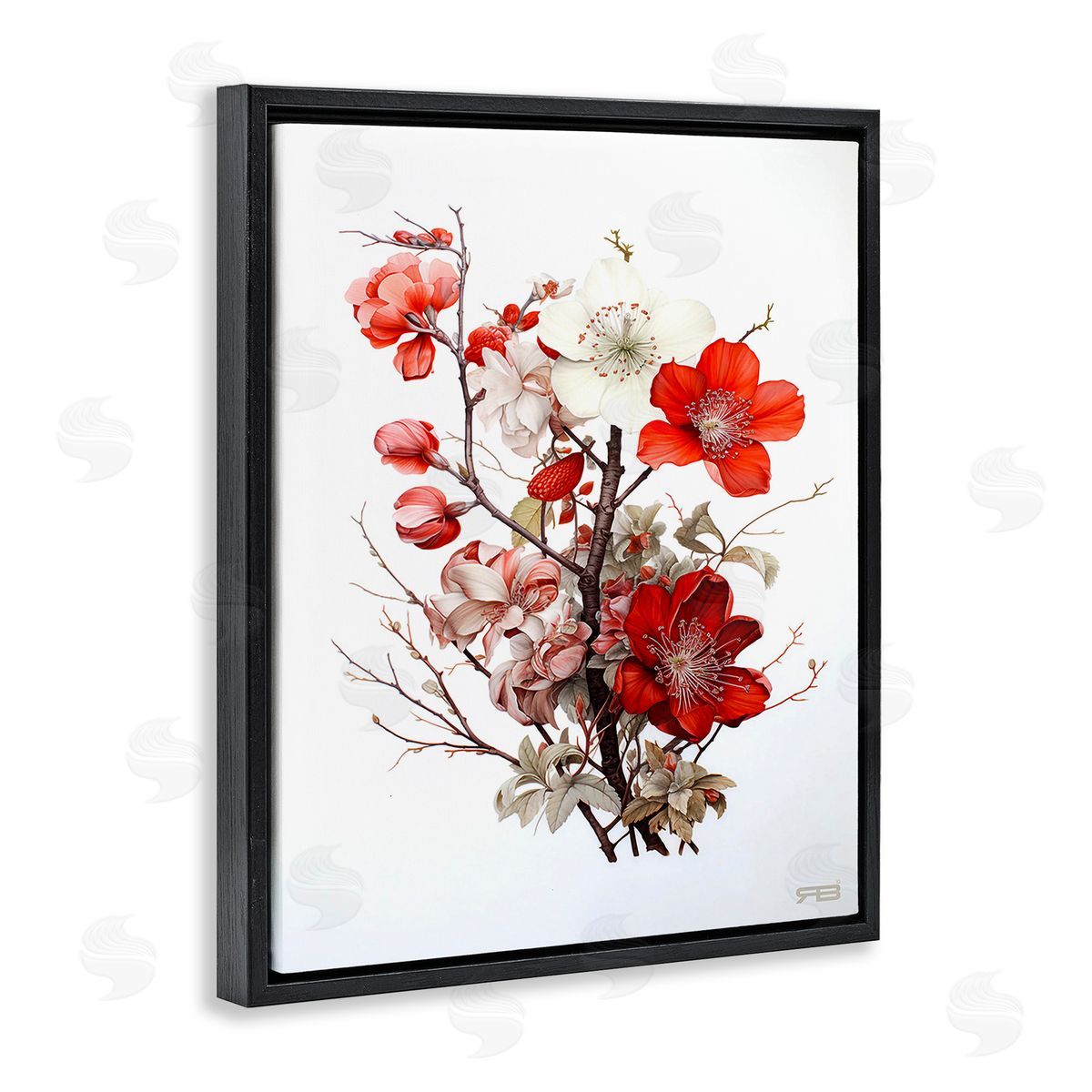 RB Red Flower Branches Black Floating Frame Canvas Wall Art Print