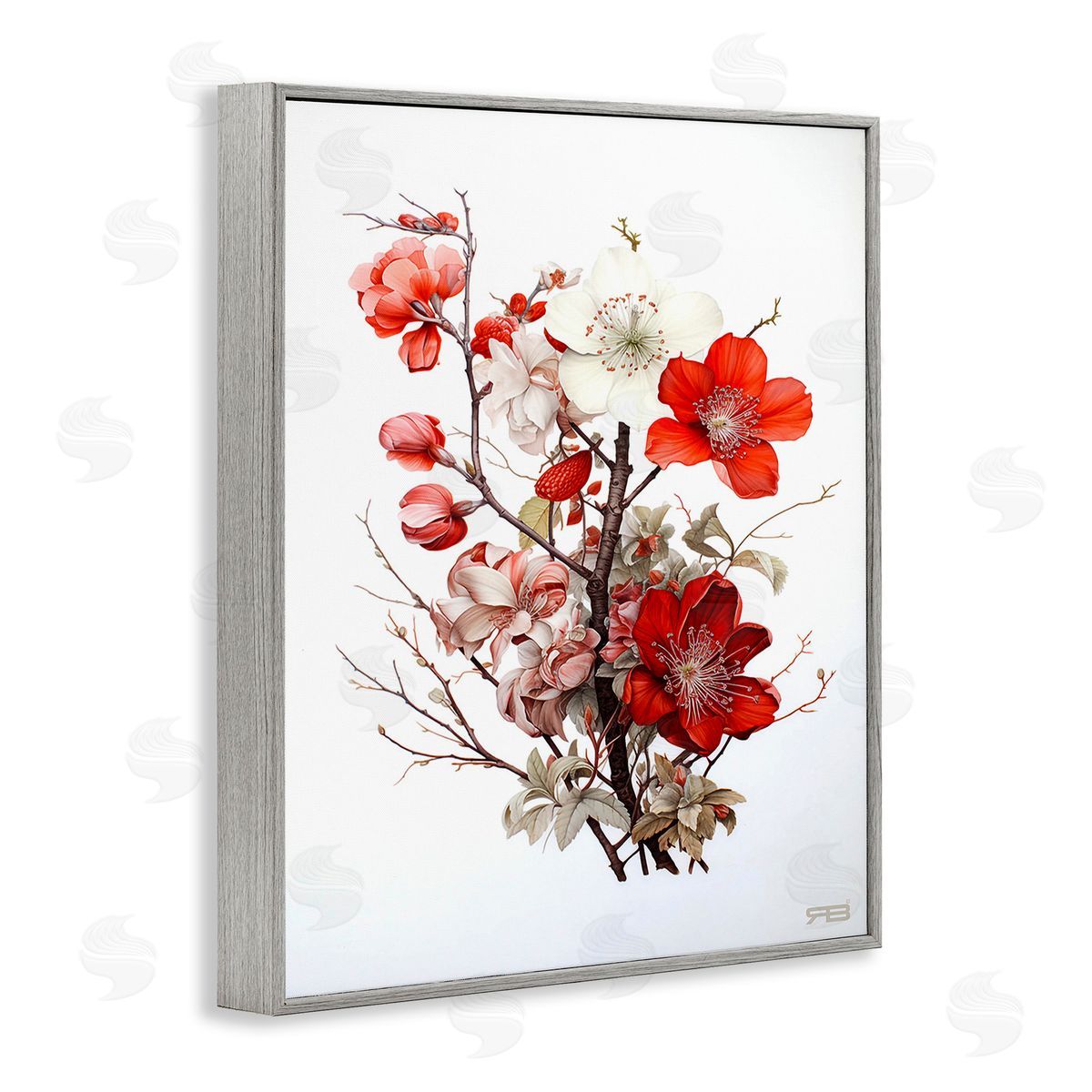 RB Red Flower Branches Gray Framed Giclee Wall Art Print