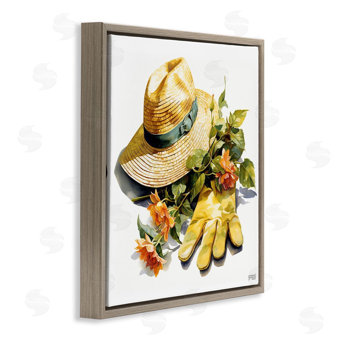 RB Floral Gardening Gear Brown Floating Frame Canvas Wall Art Print