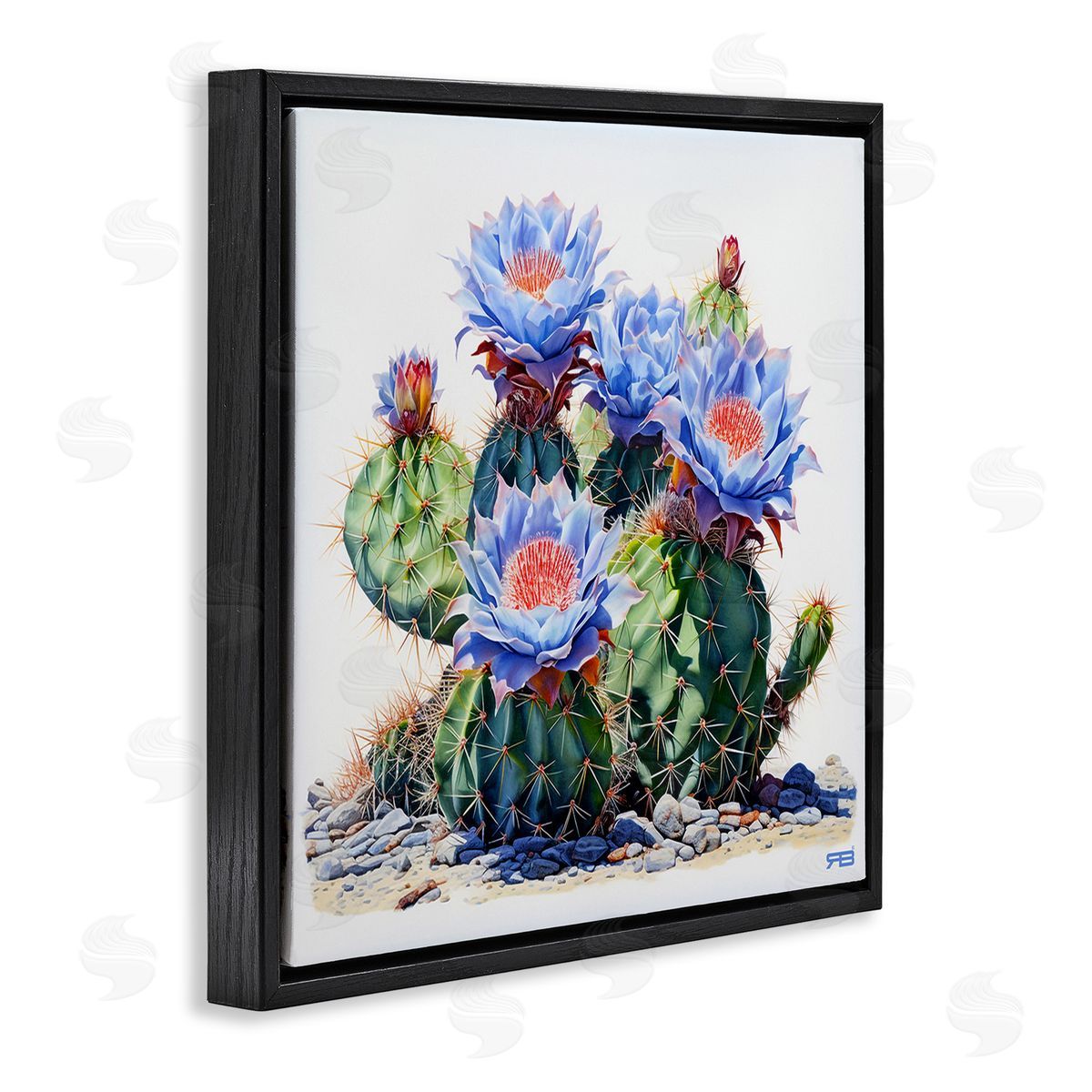 RB Blue Cactus Blossoms Black Floating Frame Canvas Wall Art Print