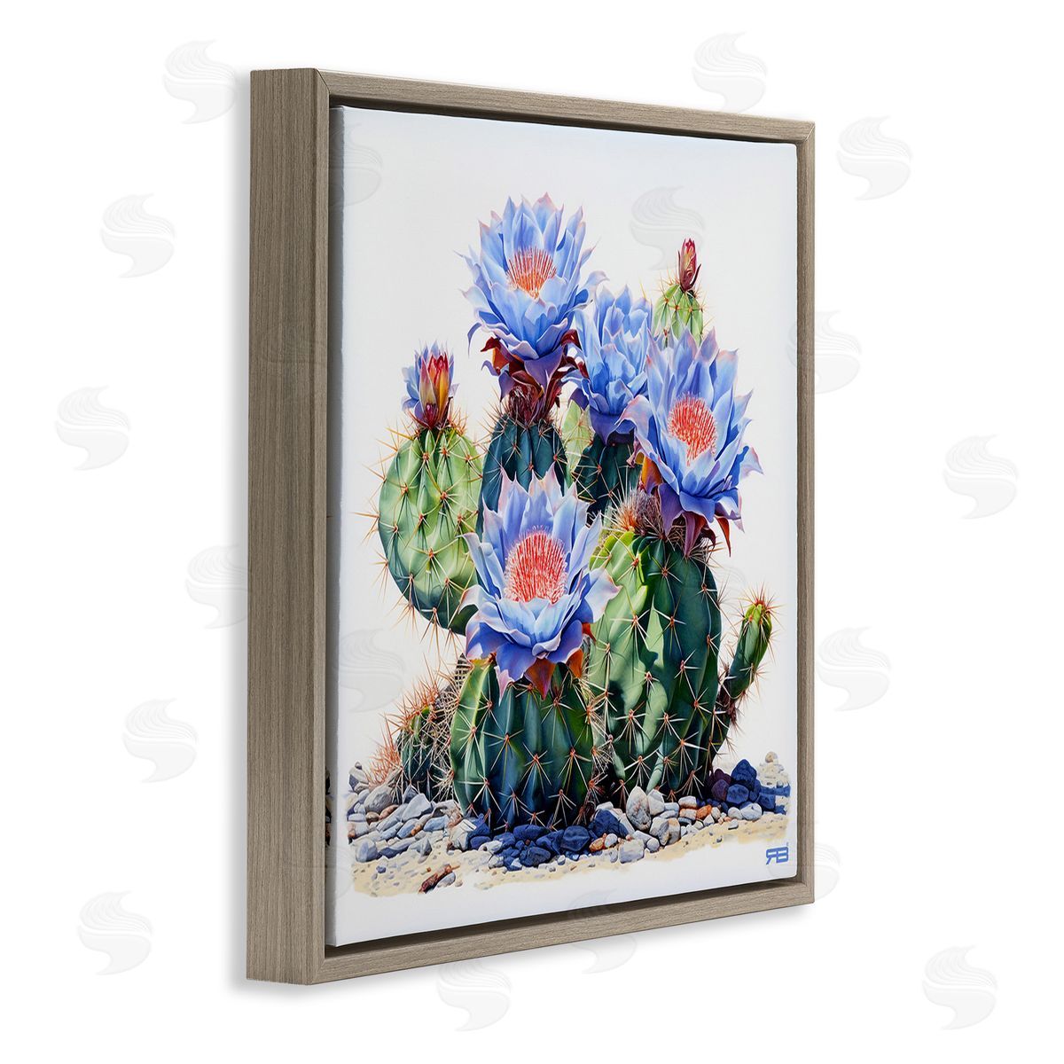 RB Blue Cactus Blossoms Brown Floating Frame Canvas Wall Art Print