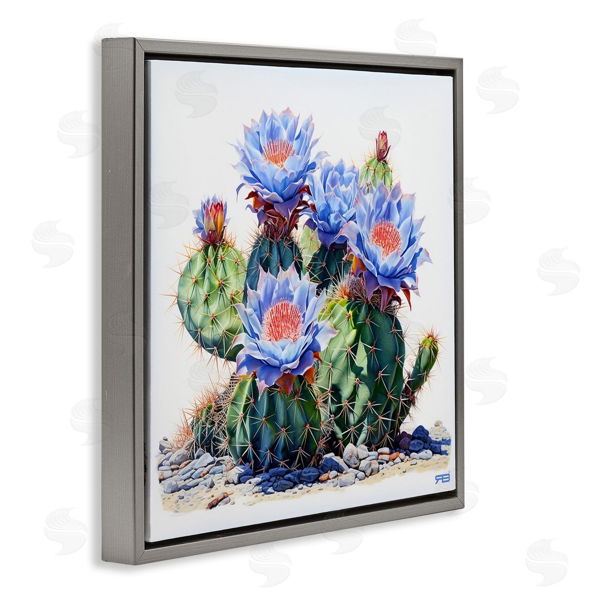 RB Blue Cactus Blossoms Gray Floating Frame Canvas Wall Art Print