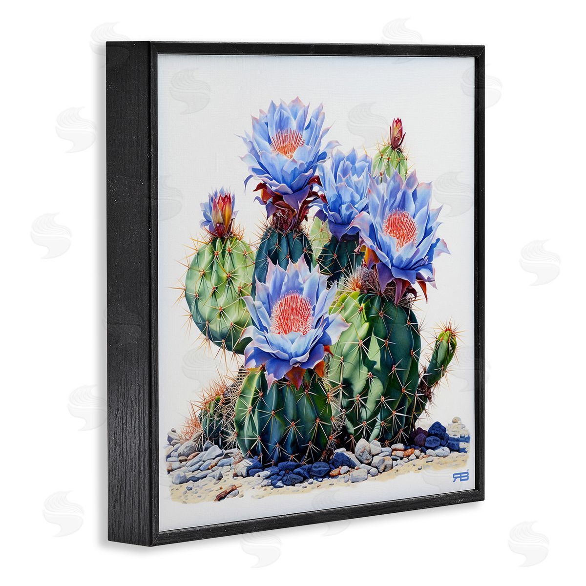 RB Blue Cactus Blossoms Black Framed Giclee Wall Art Print