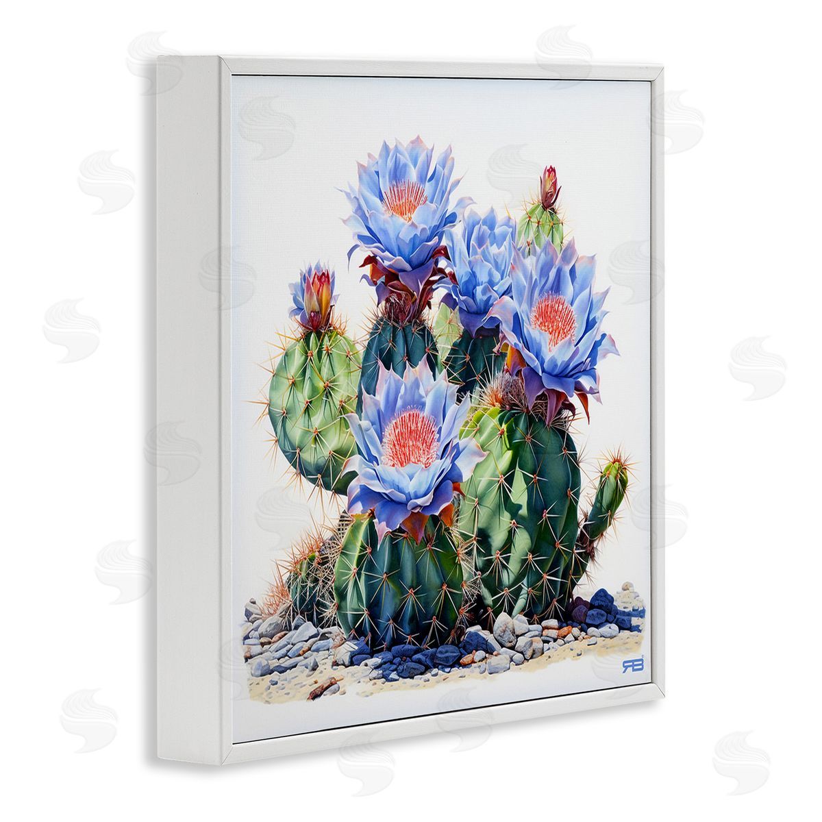 RB Blue Cactus Blossoms White Framed Giclee Wall Art Print