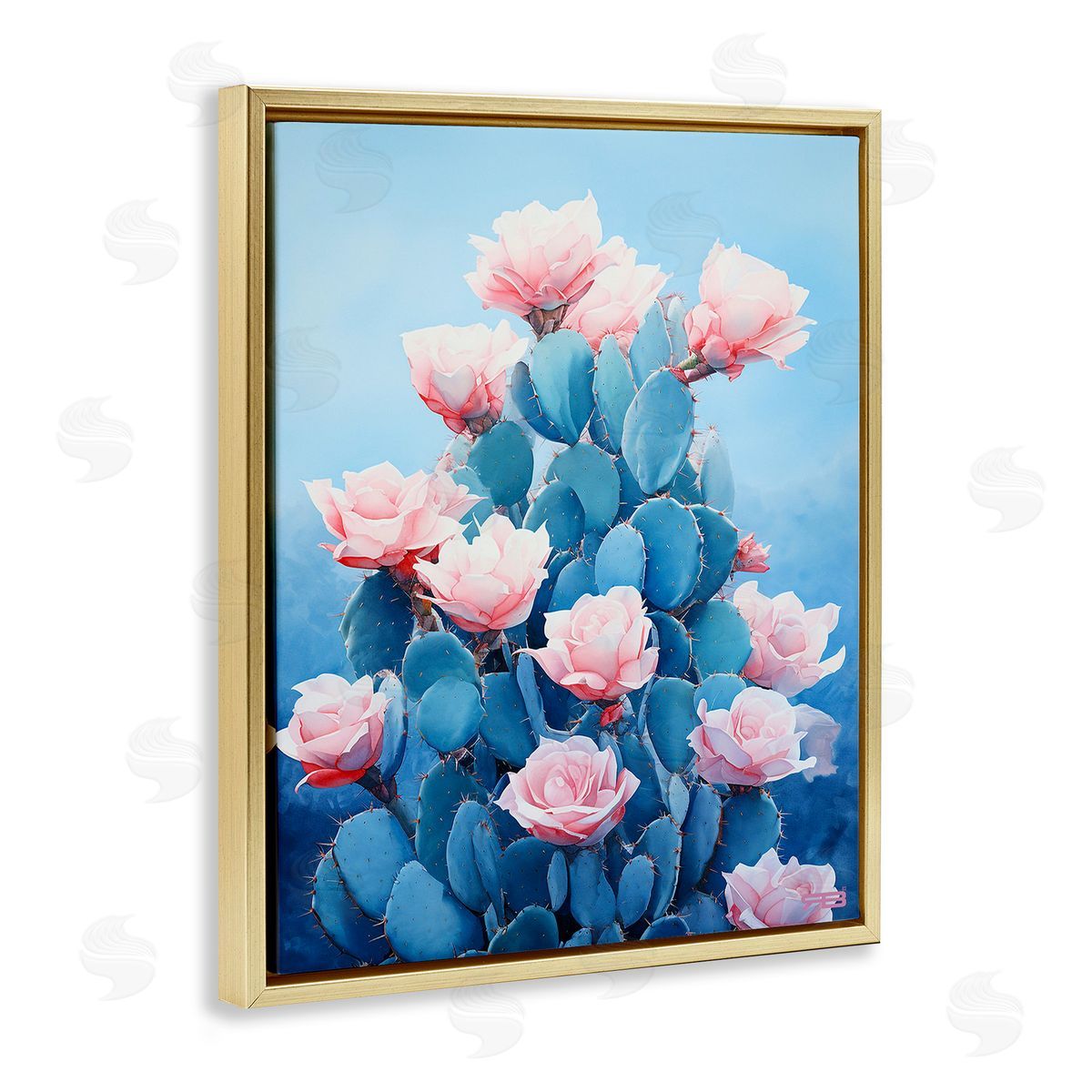 RB Cactus & Rose Blossoms Gold Floating Frame Canvas Wall Art Print