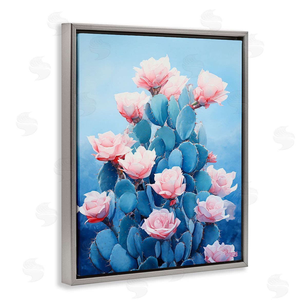 RB Cactus & Rose Blossoms Gray Floating Frame Canvas Wall Art Print
