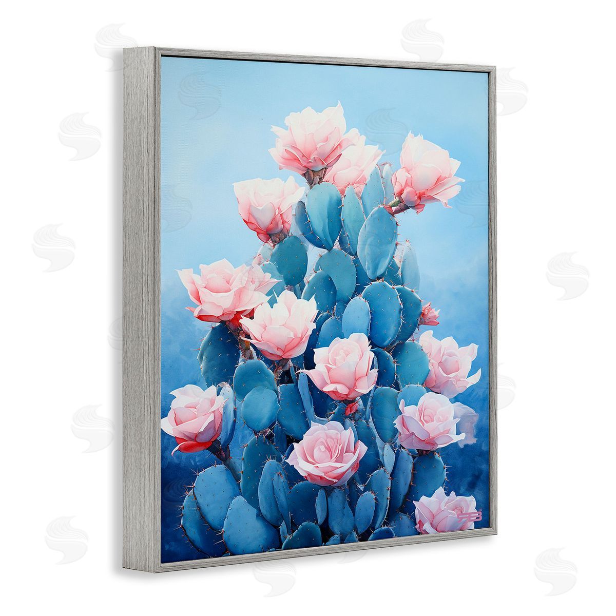 RB Cactus & Rose Blossoms Gray Framed Giclee Wall Art Print
