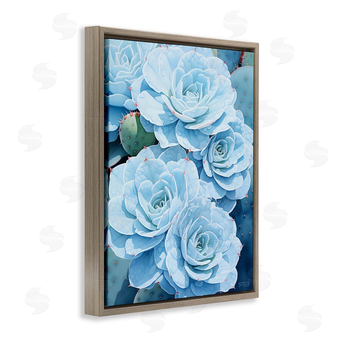 RB Detailed Blue Succulents Brown Floating Frame Canvas Wall Art Print