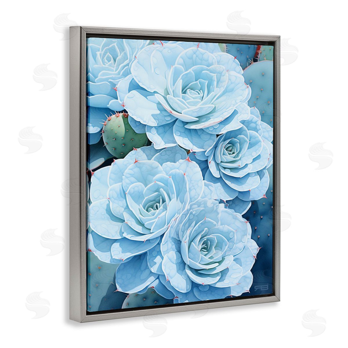 RB Detailed Blue Succulents Gray Floating Frame Canvas Wall Art Print