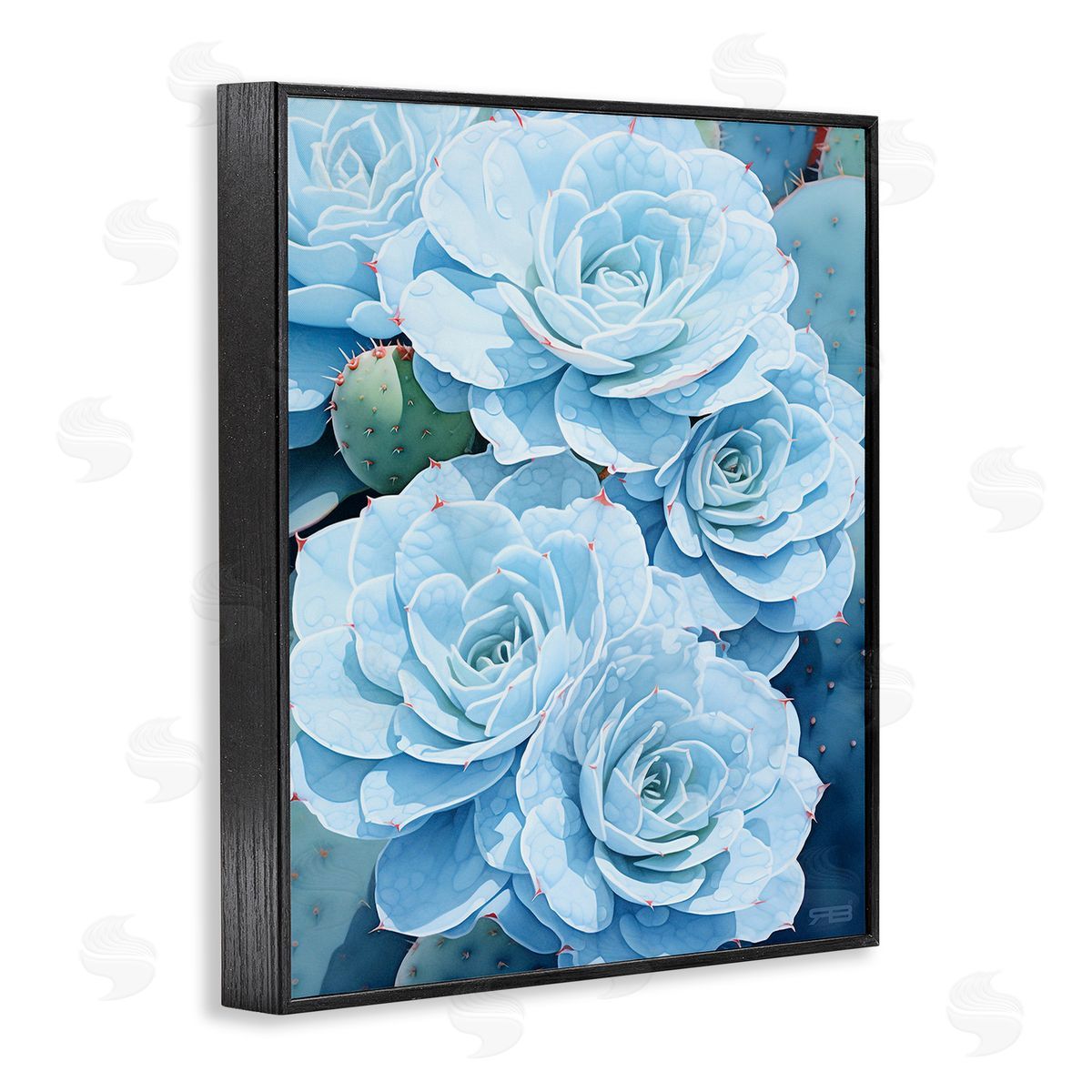 RB Detailed Blue Succulents Black Framed Giclee Wall Art Print