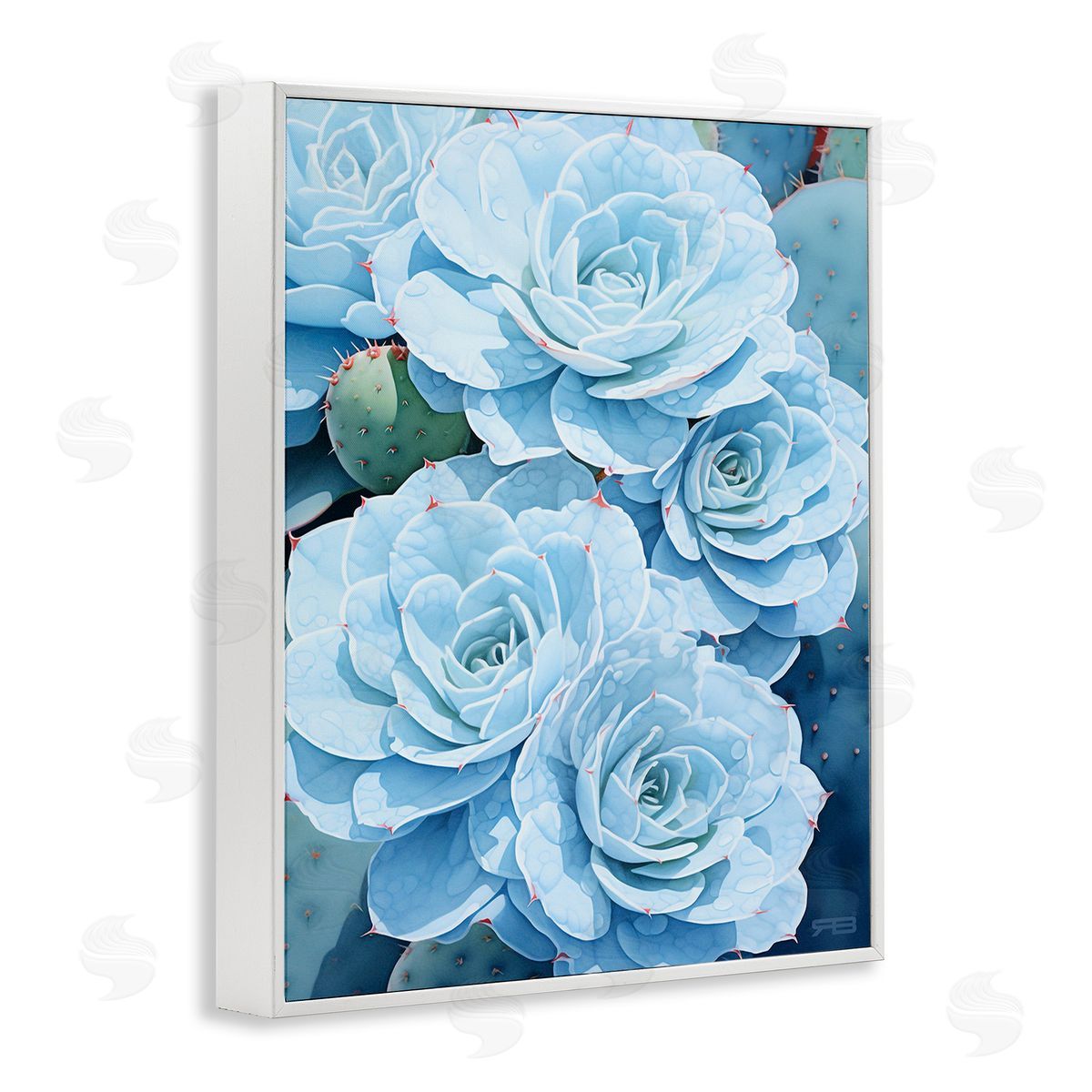 RB Detailed Blue Succulents White Framed Giclee Wall Art Print