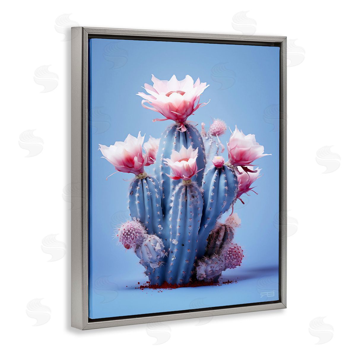 RB Pink & Blue Cactus Flowers Gray Floating Frame Canvas Wall Art Print