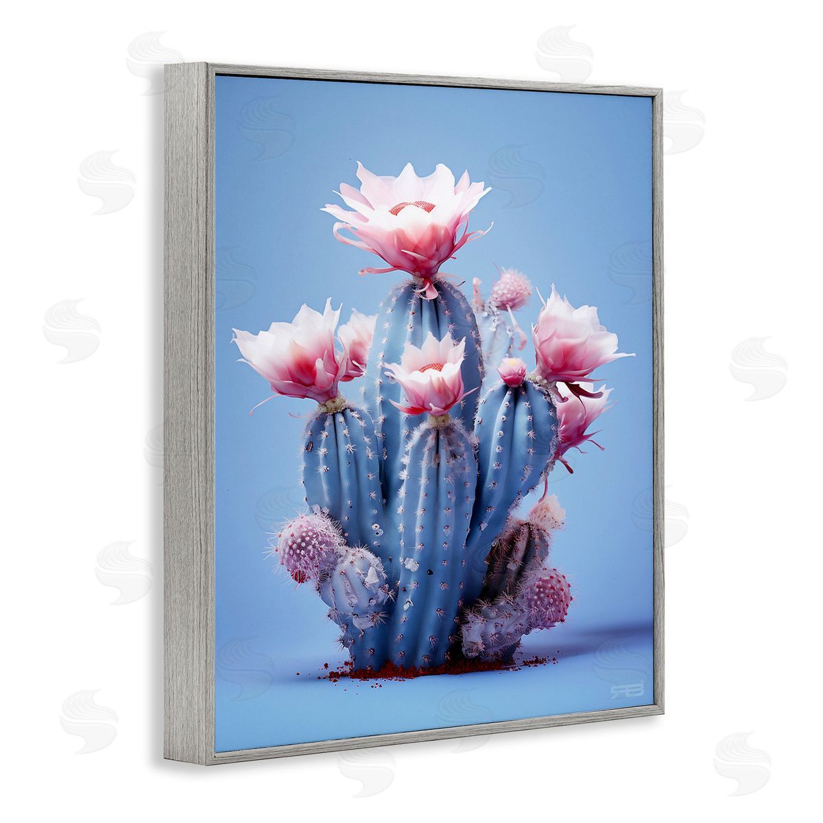 RB Pink & Blue Cactus Flowers Gray Framed Giclee Wall Art Print