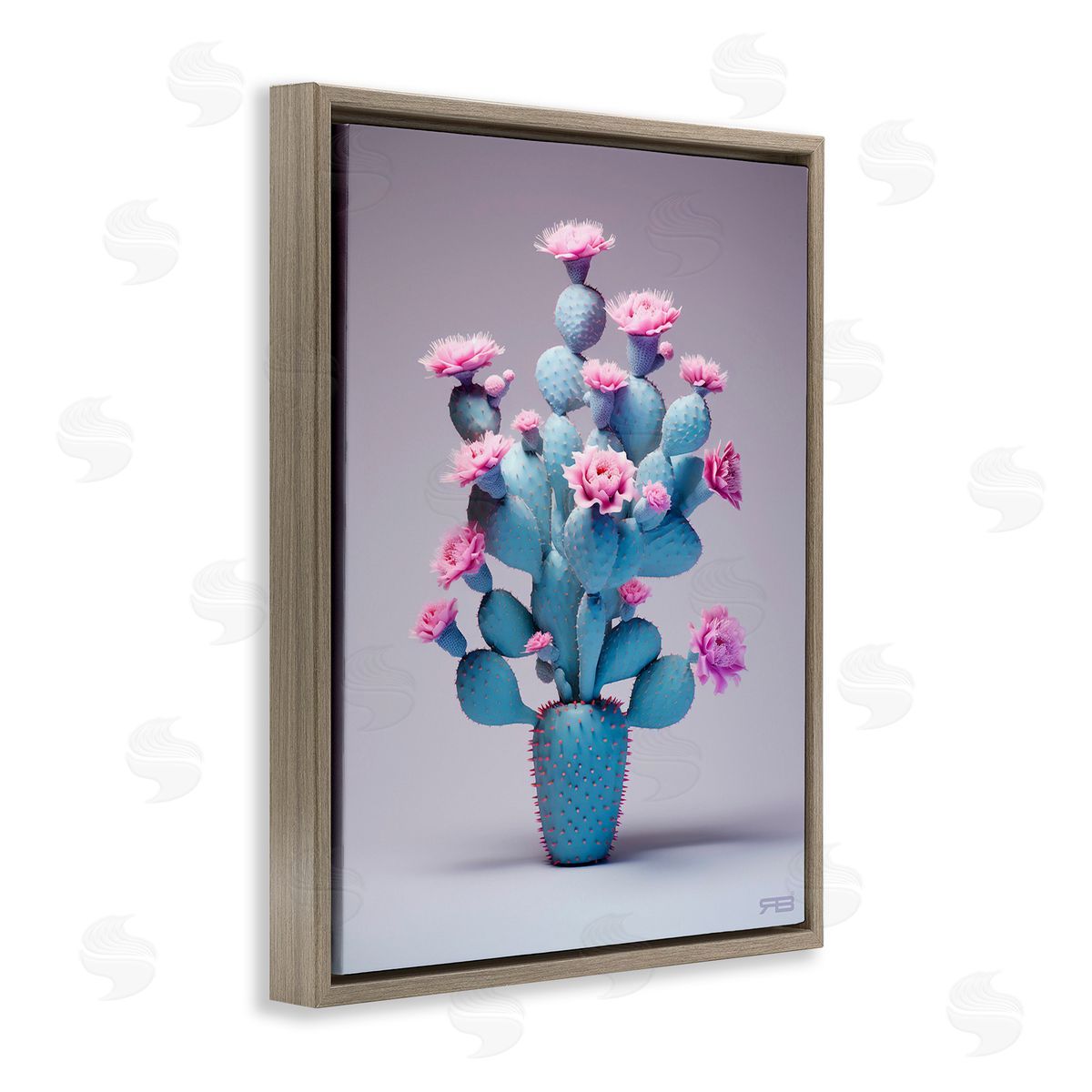 RB Modern Cactus with Flowers Brown Floating Frame Canvas Wall Art Print