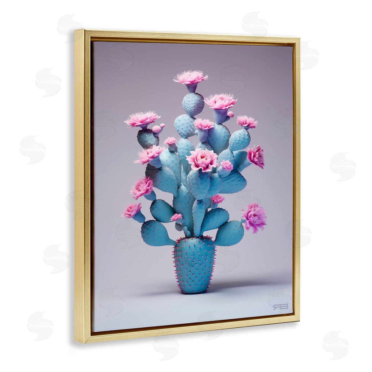 RB Modern Cactus with Flowers Gold Floating Frame Canvas Wall Art Print