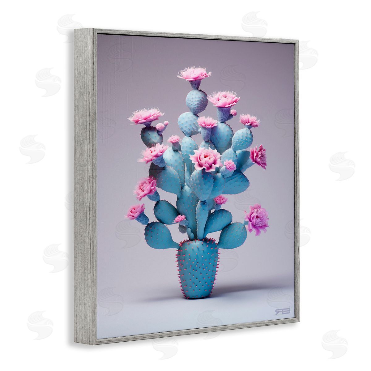 RB Modern Cactus with Flowers Gray Framed Giclee Wall Art Print