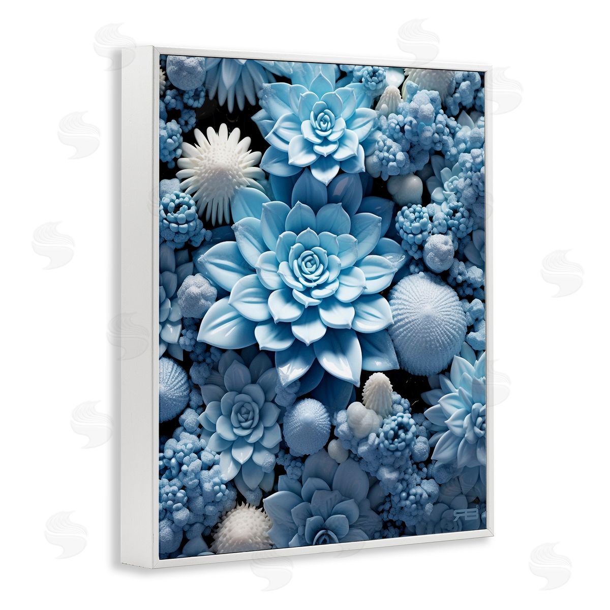 RB Blue Patterned Succulents White Framed Giclee Wall Art Print