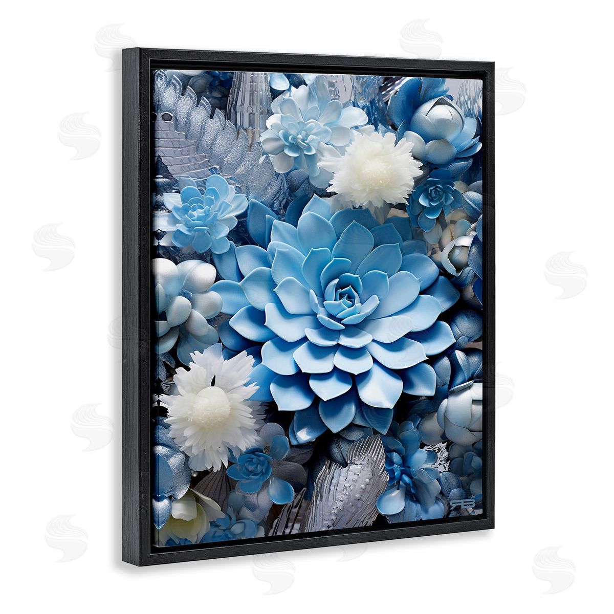 RB Blue Varied Succulents Black Floating Frame Canvas Wall Art Print
