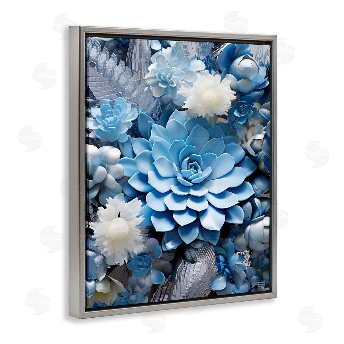 RB Blue Varied Succulents Gray Floating Frame Canvas Wall Art Print