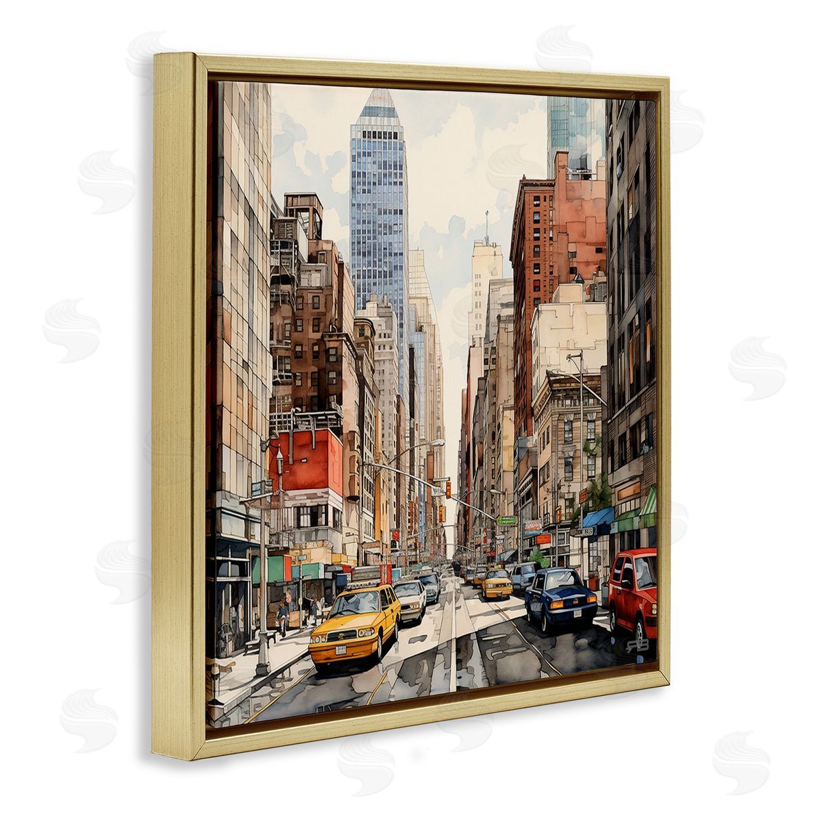 RB Bustling Urban Street Gold Floating Frame Canvas Wall Art Print