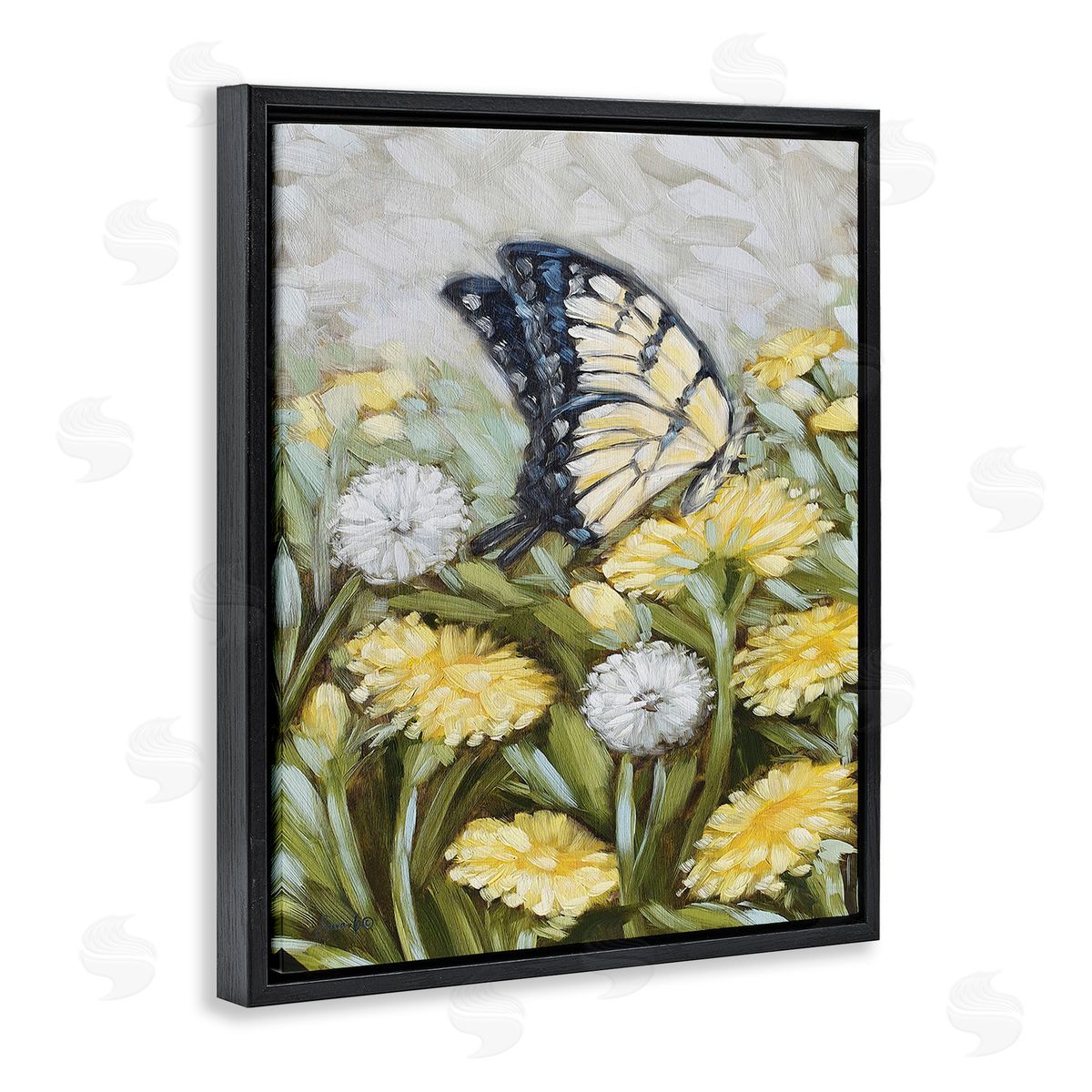 Sara G. Designs Butterfly & Yellow Daisies Black Floating Frame Canvas Wall Art Print
