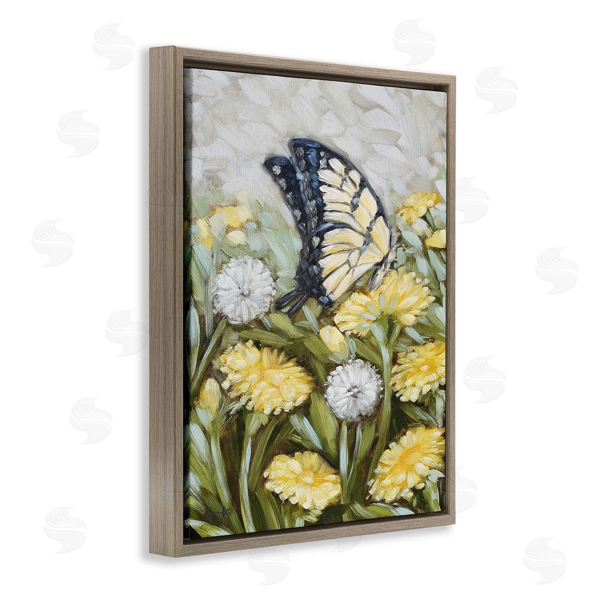 Sara G. Designs Butterfly & Yellow Daisies Brown Floating Frame Canvas Wall Art Print