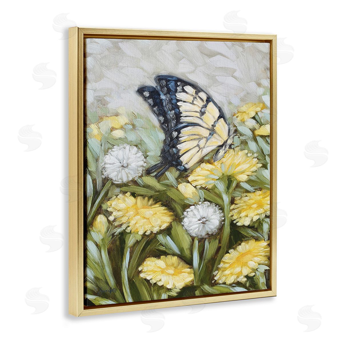 Sara G. Designs Butterfly & Yellow Daisies Gold Floating Frame Canvas Wall Art Print