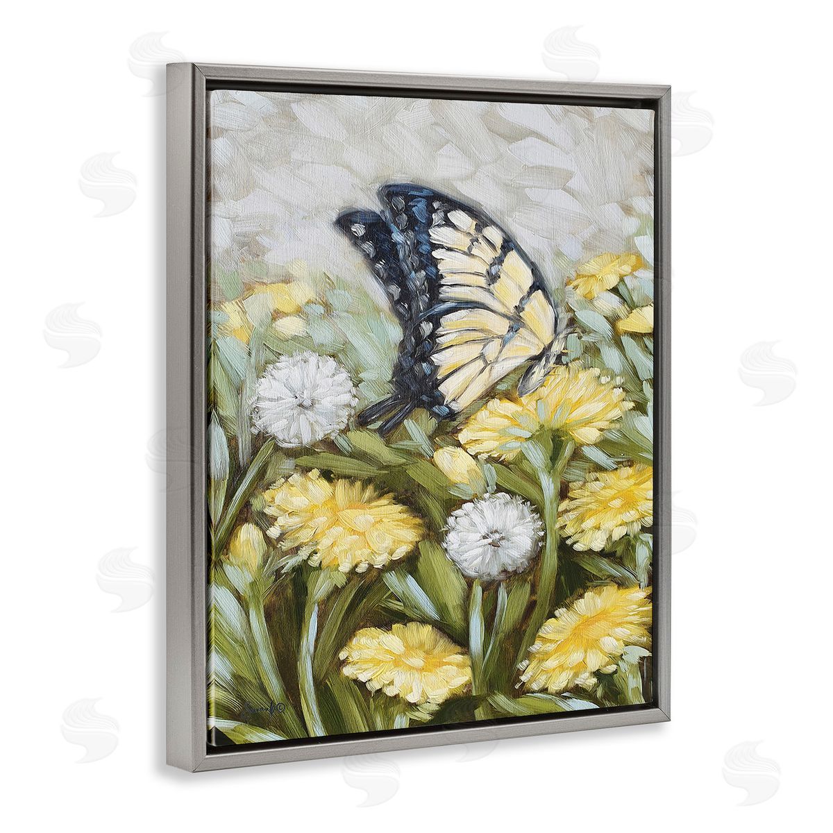 Sara G. Designs Butterfly & Yellow Daisies Gray Floating Frame Canvas Wall Art Print