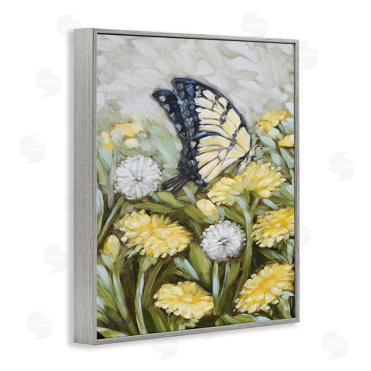 Sara G. Designs Butterfly & Yellow Daisies Gray Framed Giclee Wall Art Print
