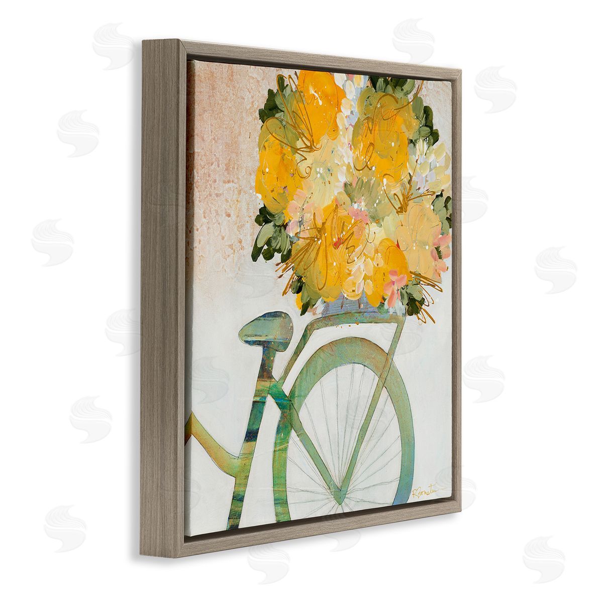Ruth Fromstein Bicycle with Abstract Florals Brown Floating Frame Canvas Wall Art Print