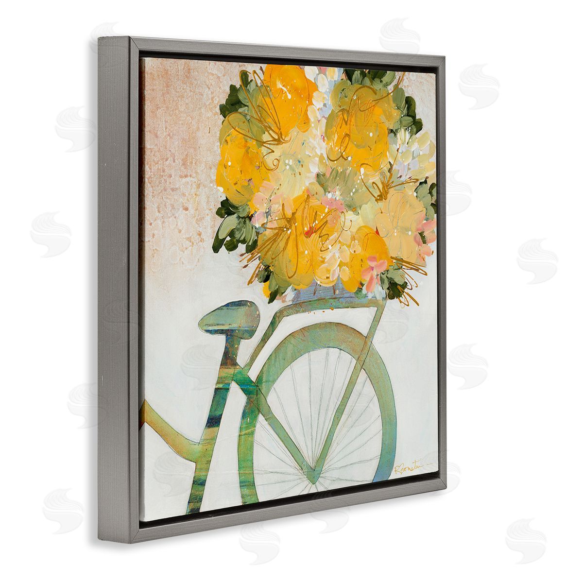 Ruth Fromstein Bicycle with Abstract Florals Gray Floating Frame Canvas Wall Art Print