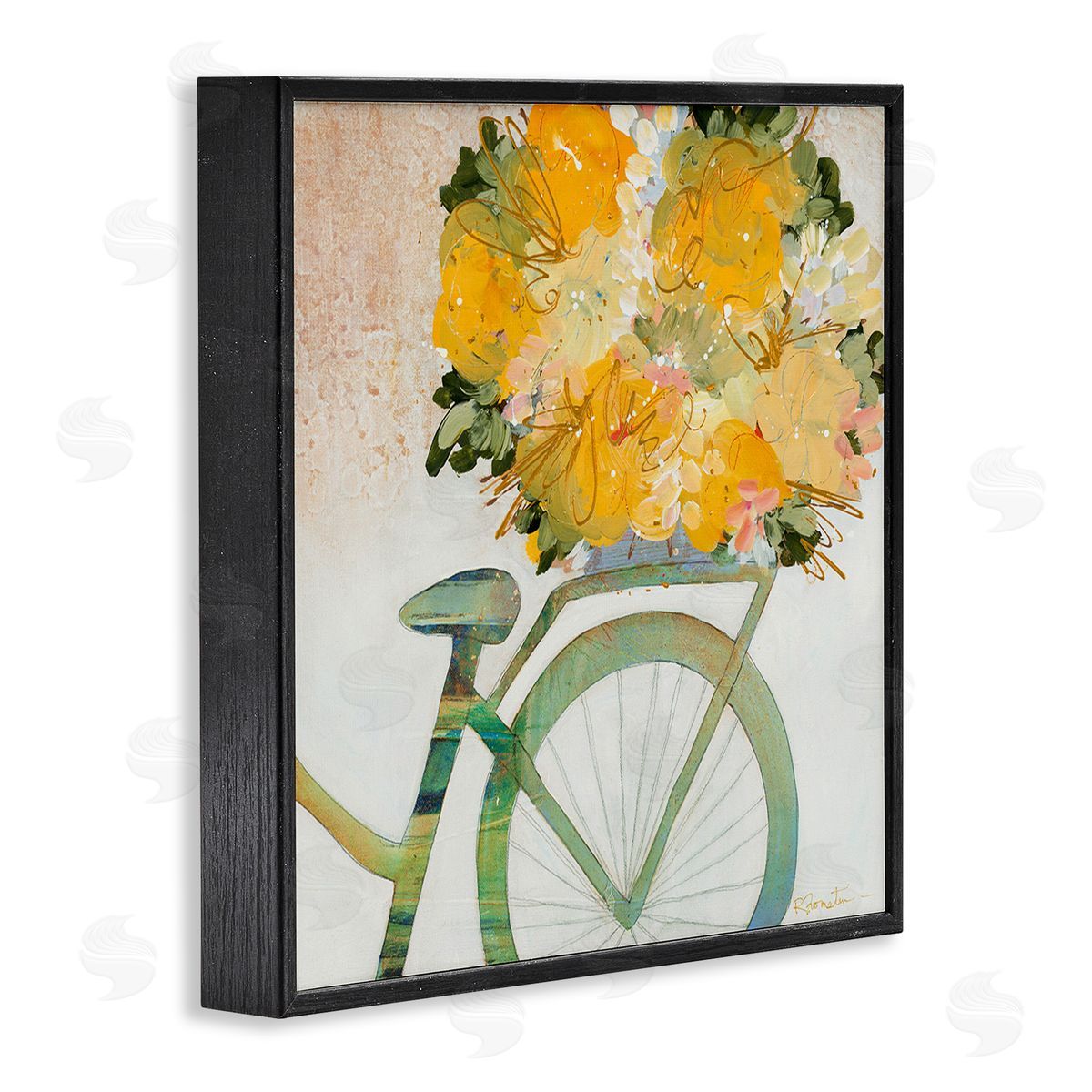 Ruth Fromstein Bicycle with Abstract Florals Black Framed Giclee Wall Art Print