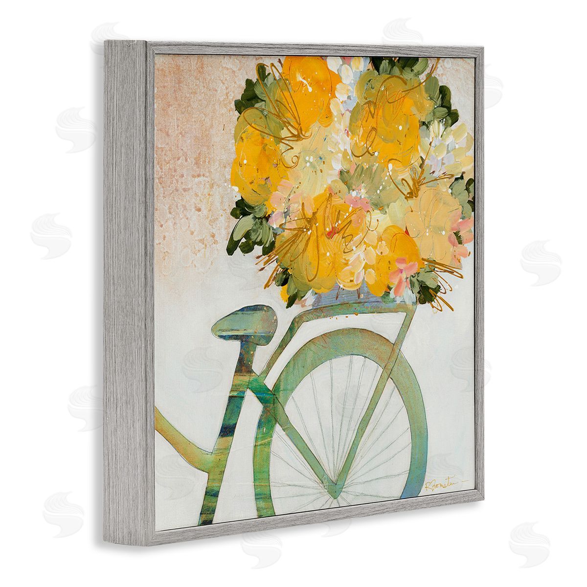 Ruth Fromstein Bicycle with Abstract Florals Gray Framed Giclee Wall Art Print